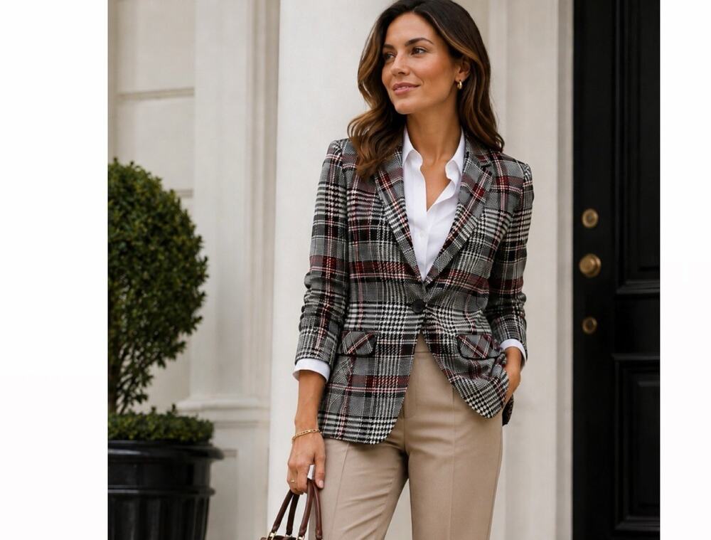 Trina Turk Habanero Glen Plaid Jacket Size 6 Preppy chic career Academia Blazer